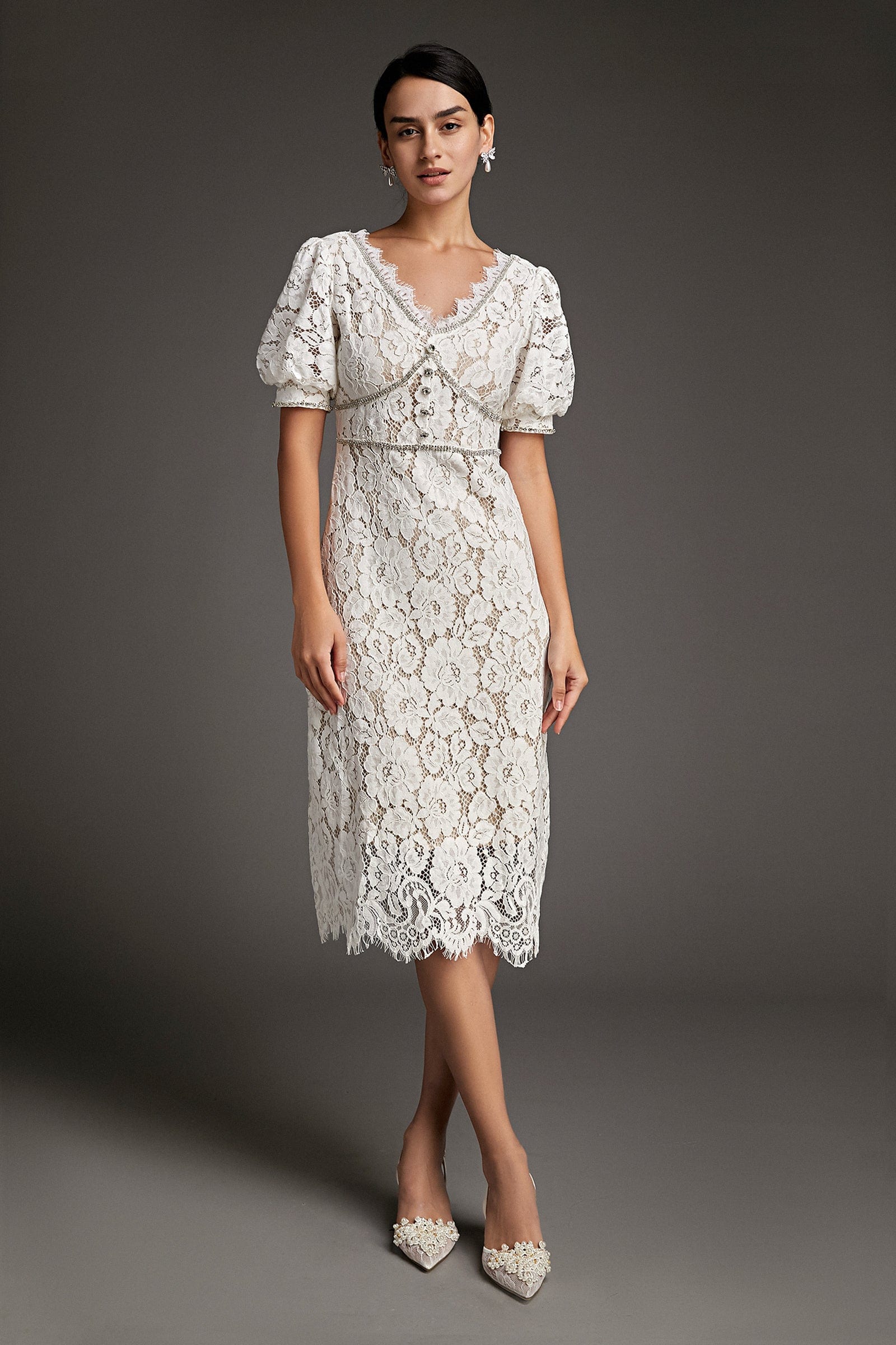 Lace Overlay Plunging V-Neck Rhinestone Trim Puff Sleeve Midi Dress