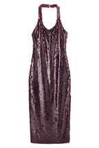 Disc Sequin Halter Backless Thigh Slit Bodycon Maxi Dress