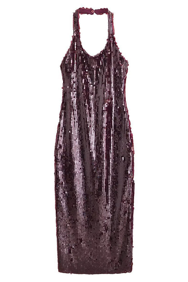 Disc Sequin Halter Backless Thigh Slit Bodycon Maxi Dress