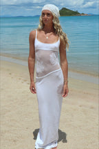 White Spaghetti Strap Scoop Neck Floral Mesh Patchwork Ribbed Maxi Dress