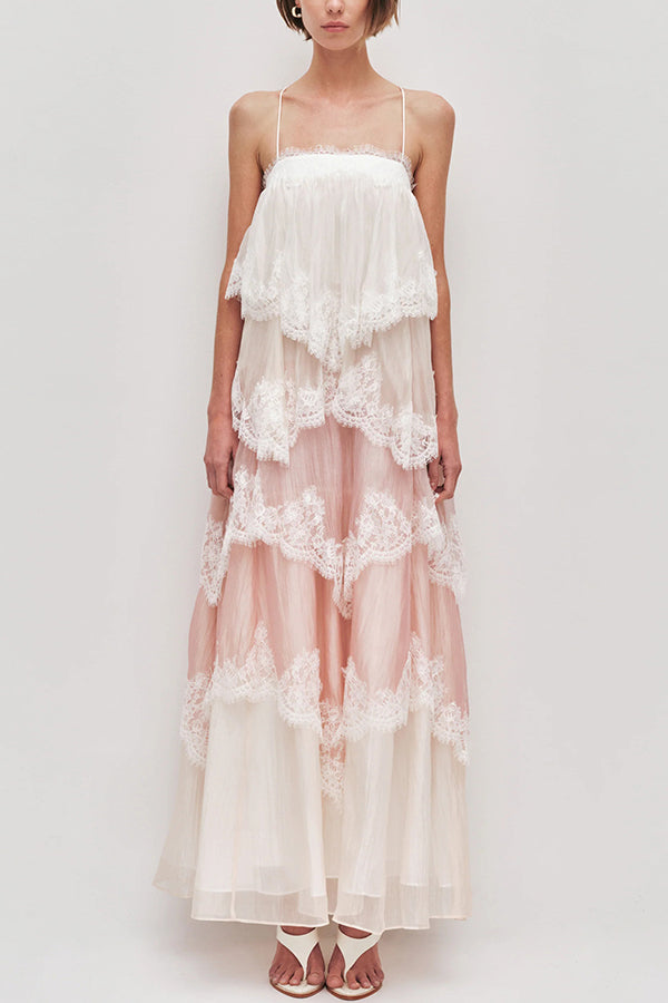 Caroline Gradient Layered Lace Trim Tiers Adjustable Straps Backless A-line Maxi Dress