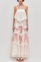 Caroline Gradient Layered Lace Trim Tiers Adjustable Straps Backless A-line Maxi Dress