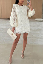 Kimberly Aesthetic Loose Mini Dress with Balloon Sleeves Made From Lace Textured Fabric Elevated Occasion Wear
