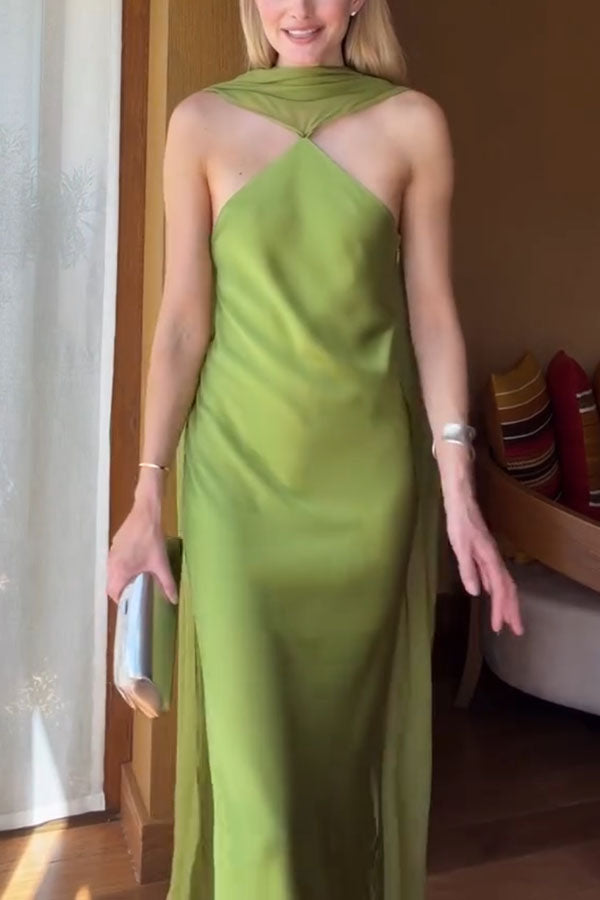 Elegant and Refined Satin Detachable Scarf-style Halter Maxi Dress