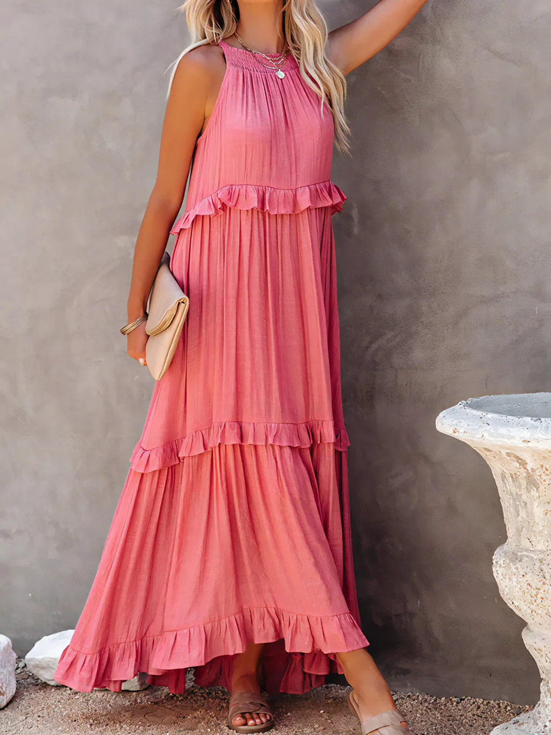 High Neck Smocked Halter Sleeveless Tiered Ruffle Maxi Dress