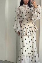 Stylish Polka Dot Print Stand Collar Long Sleeve Elegant Ruffle Maxi Dress