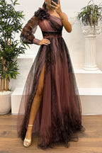 One Shoulder Floral Print Rosette Puff Sleeve Pleated Side Slit Maxi Dress