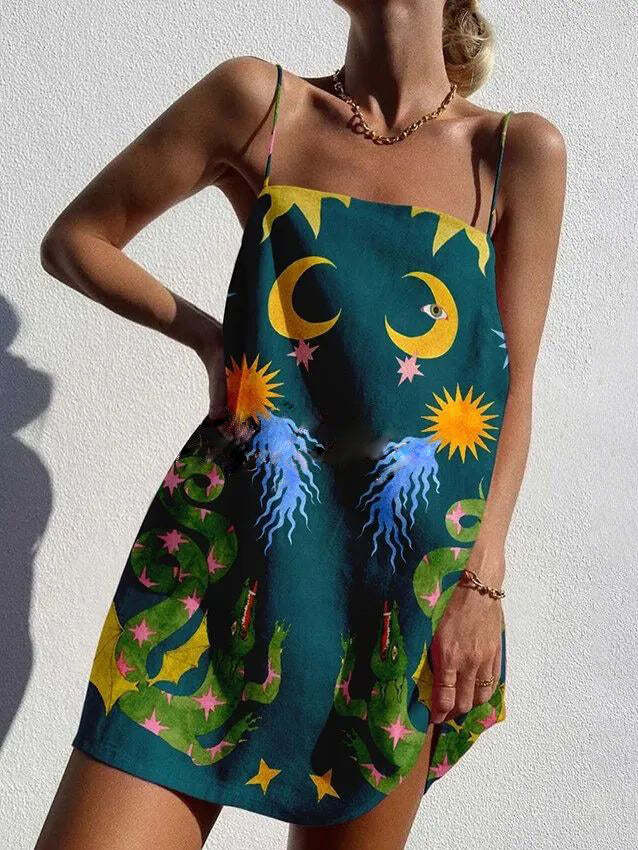 Celestial Serpent Print Spaghetti Strap Square Neck Slip Mini Dress