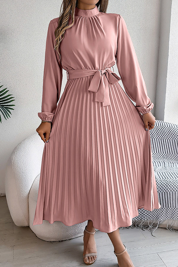 Mock Neck Lantern Sleeve Belted Pleated A-Line Midi Dress