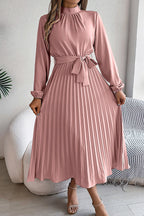 Mock Neck Lantern Sleeve Belted Pleated A-Line Midi Dress
