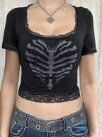 Lace Patchwork Skull Print Black Short Sleeve Tees