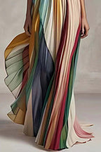 Strapless Multi Stripe Pleated Accordion Maxi Dress