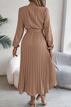 Mock Neck Lantern Sleeve Belted Pleated A-Line Midi Dress