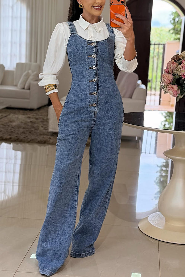 Heidi Denim Square Neck Button Back Smocked Pocket Flare Stretch Jumpsuit