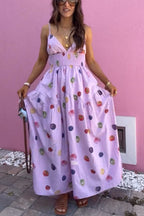 Lovely Summer Unique Color-Block Fruit Stripe Print Smocked Waist Maxi Dress