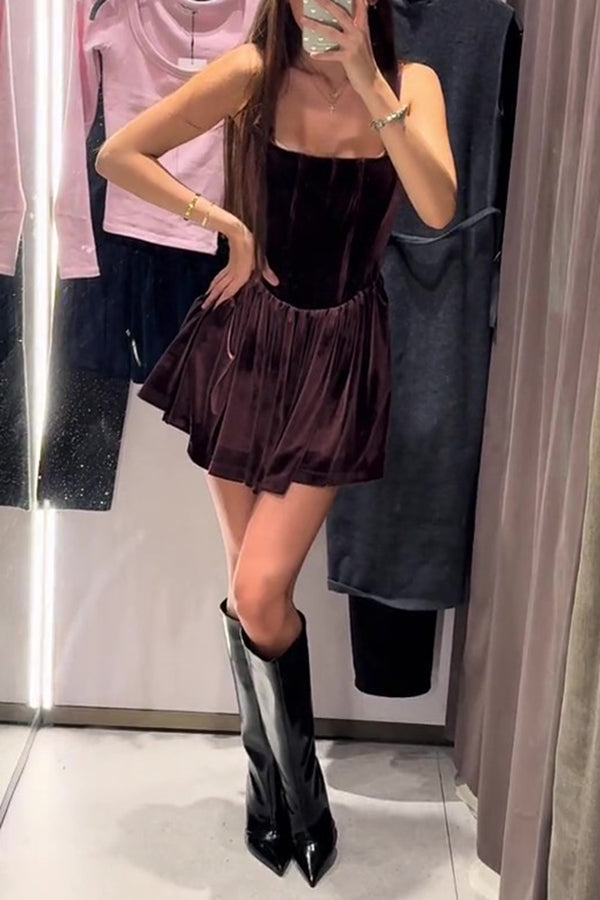 Velvet Square Neck Corset Seam Gathered Fit and Flare Mini Dress