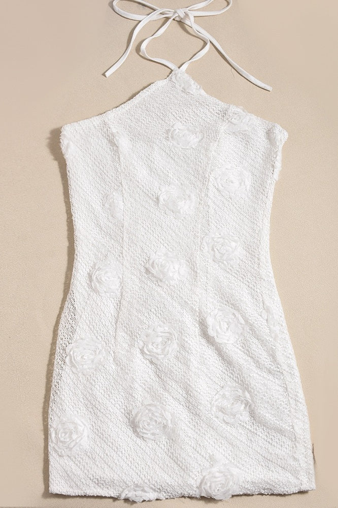 White Halter Neck Crochet 3D Rosette Applique Bodycon Mini Dress