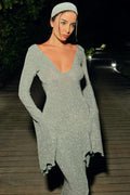 Glitter Deep V-Neck Lettuce Hem Long Sleeve Bodycon Midi Dress