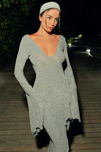Glitter Deep V-Neck Lettuce Hem Long Sleeve Bodycon Midi Dress