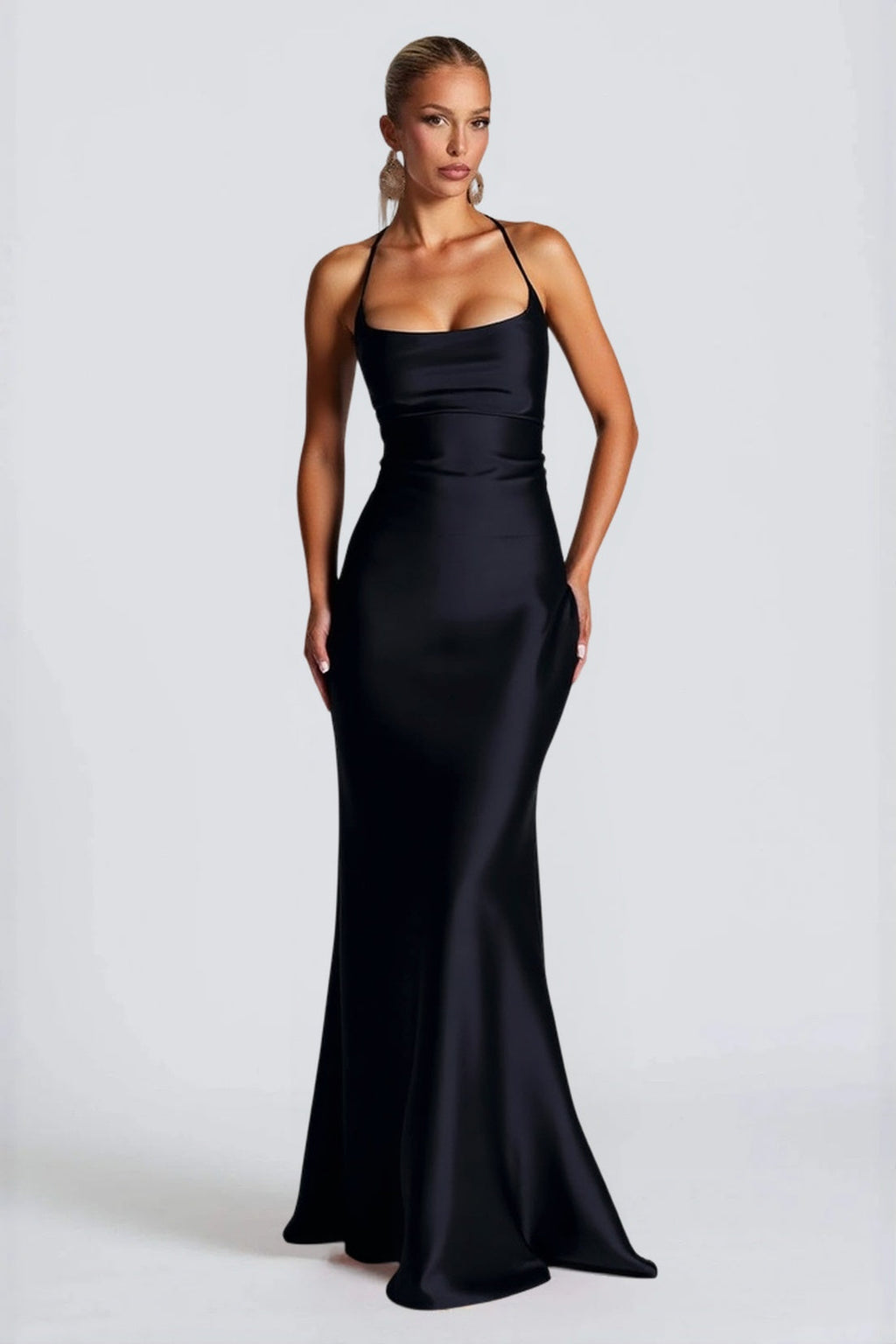Satin Spaghetti Strap Square Neck Ruched Bodice Maxi Gown