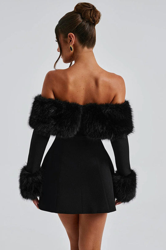 Black Faux Fur Collar Off Shoulder Bodycon Dress