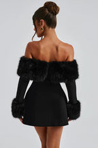 Black Faux Fur Collar Off Shoulder Bodycon Dress