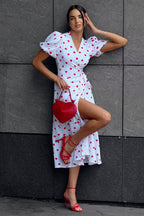 Puff Sleeve Heart Print Wrap Tie Waist Thigh Slit Midi Dress