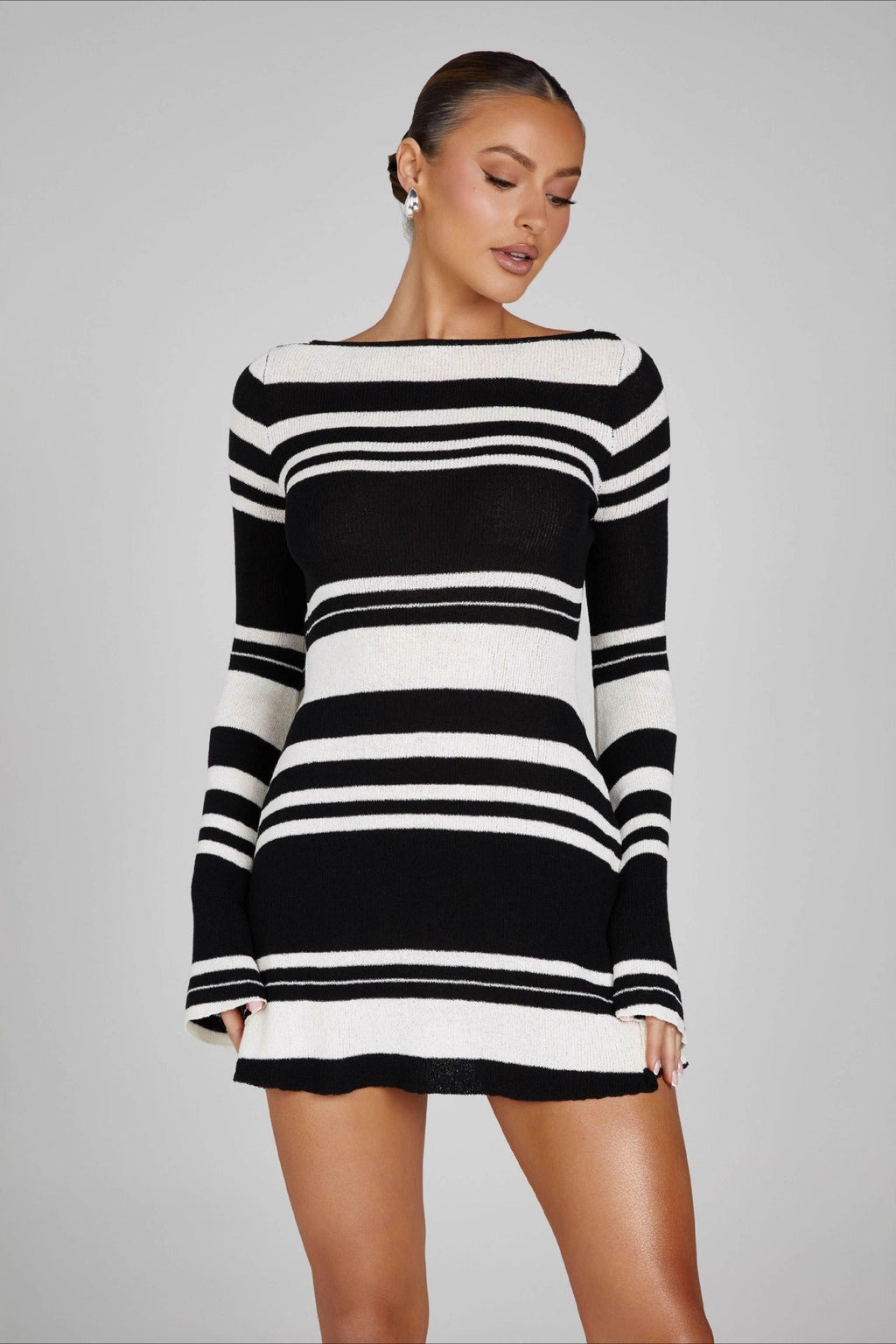 Horizontal Stripe Boat Neck Long Sleeve Bodycon Mini Sweater Dress