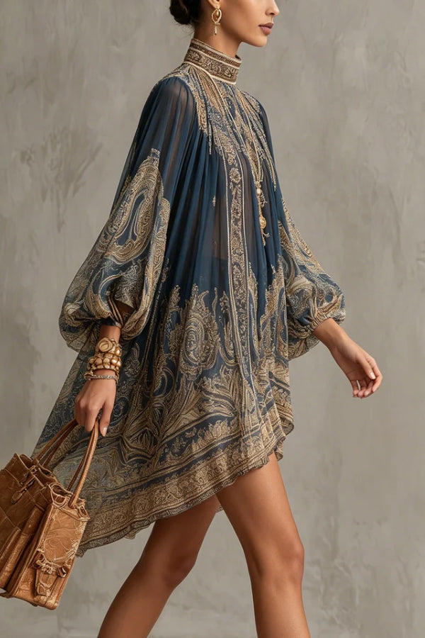 Baroque Print High-neck Irregular Chiffon Mini Dress