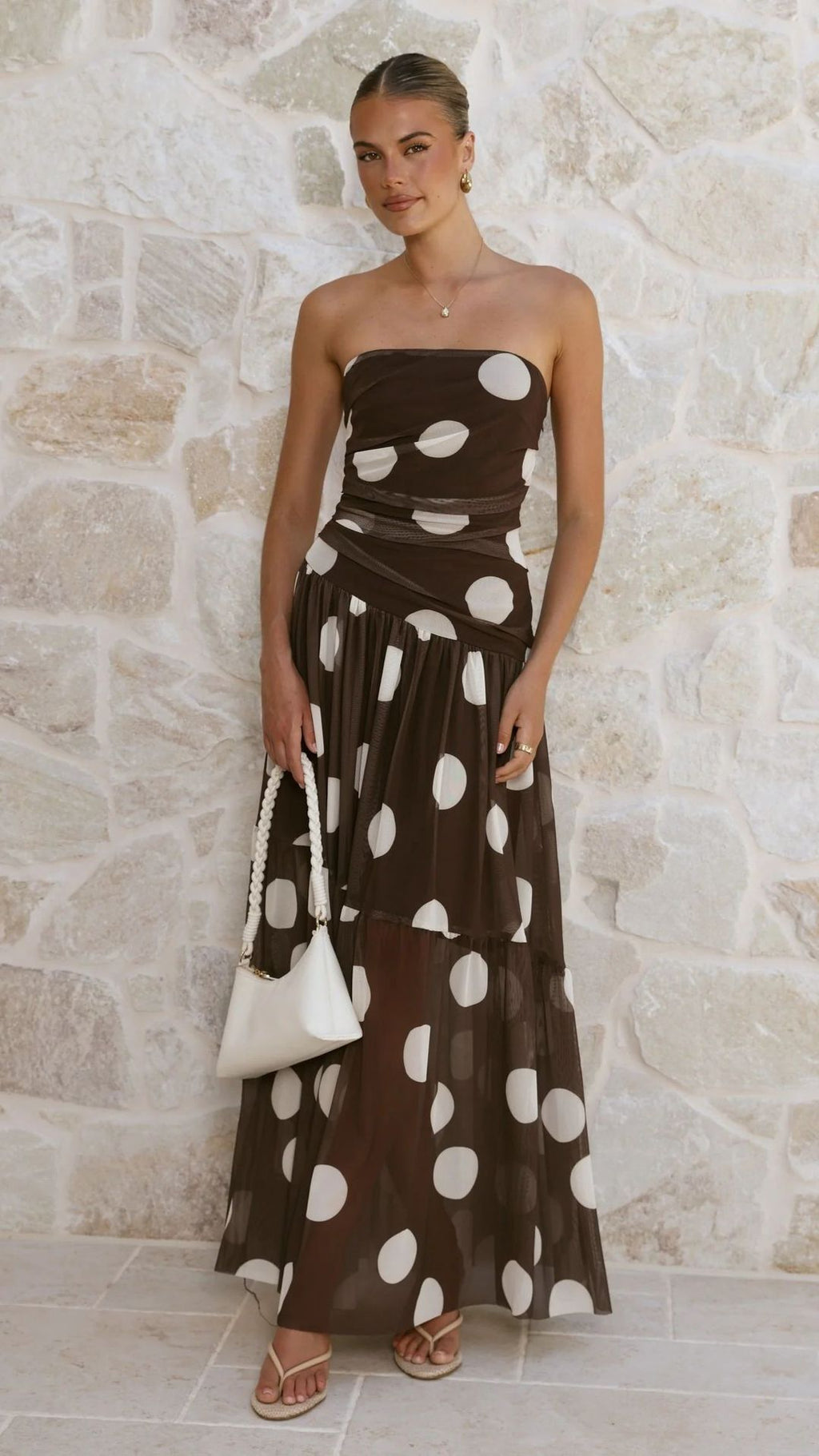 Polka Dot Strapless Ruched Maxi Dress