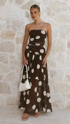 Polka Dot Strapless Ruched Maxi Dress
