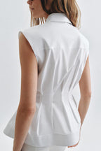 Devon Lapel Button Up Sleeveless Pleated Waist Flare Hem Shirt