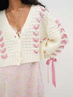Cutout V Neck Lace Up Loose Short Knit Cardigan