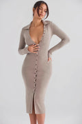 Knit Polo Collar Button Down Long Sleeve Ribbed Bodycon Midi Sweater Dress