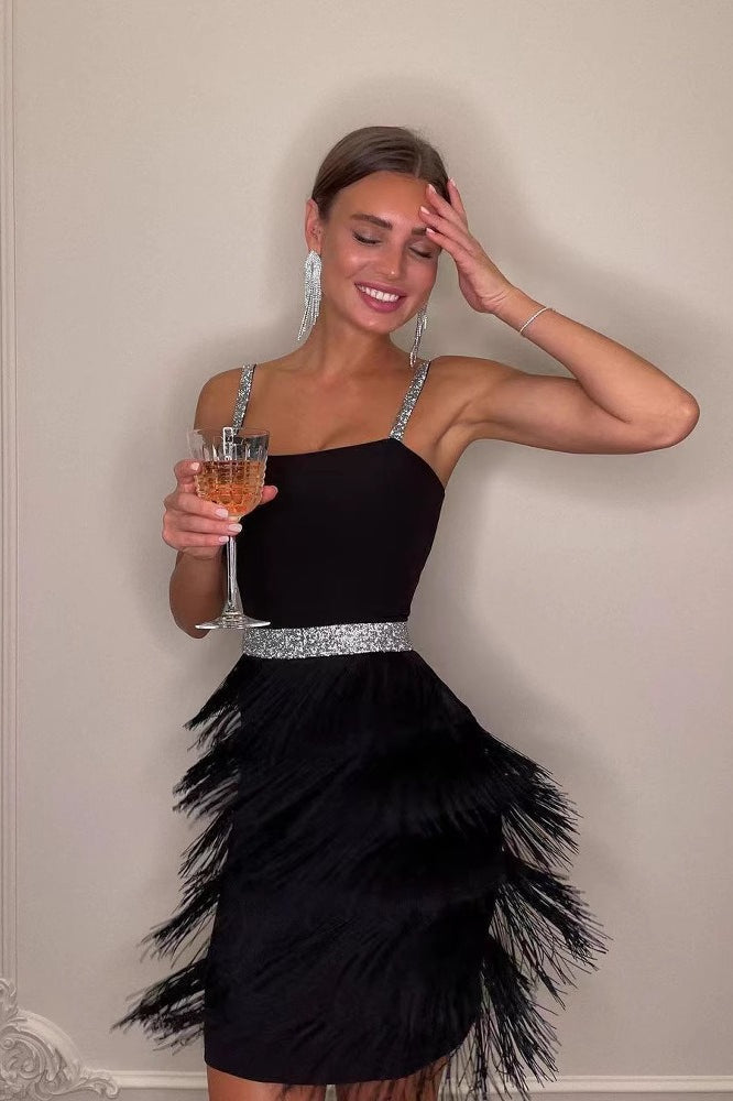 Square Neck Rhinestone Strap Tiered Fringe Mini Cocktail Dress
