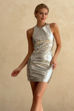 Metallic Foil Crinkled Princess Seam Sleeveless Bodycon Mini Dress