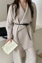 Loose Knit Big Collar Coat Wide-Leg Pants Two Piece Set