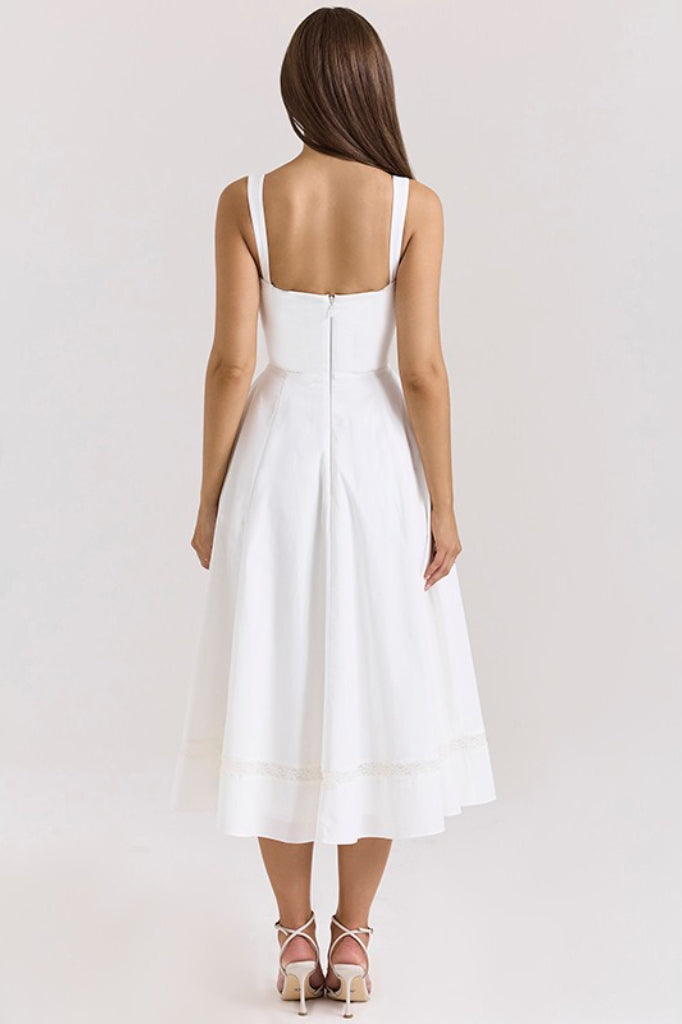 Lace Trim Corset Bodice Wide Strap Fit and Flare Midi Dress