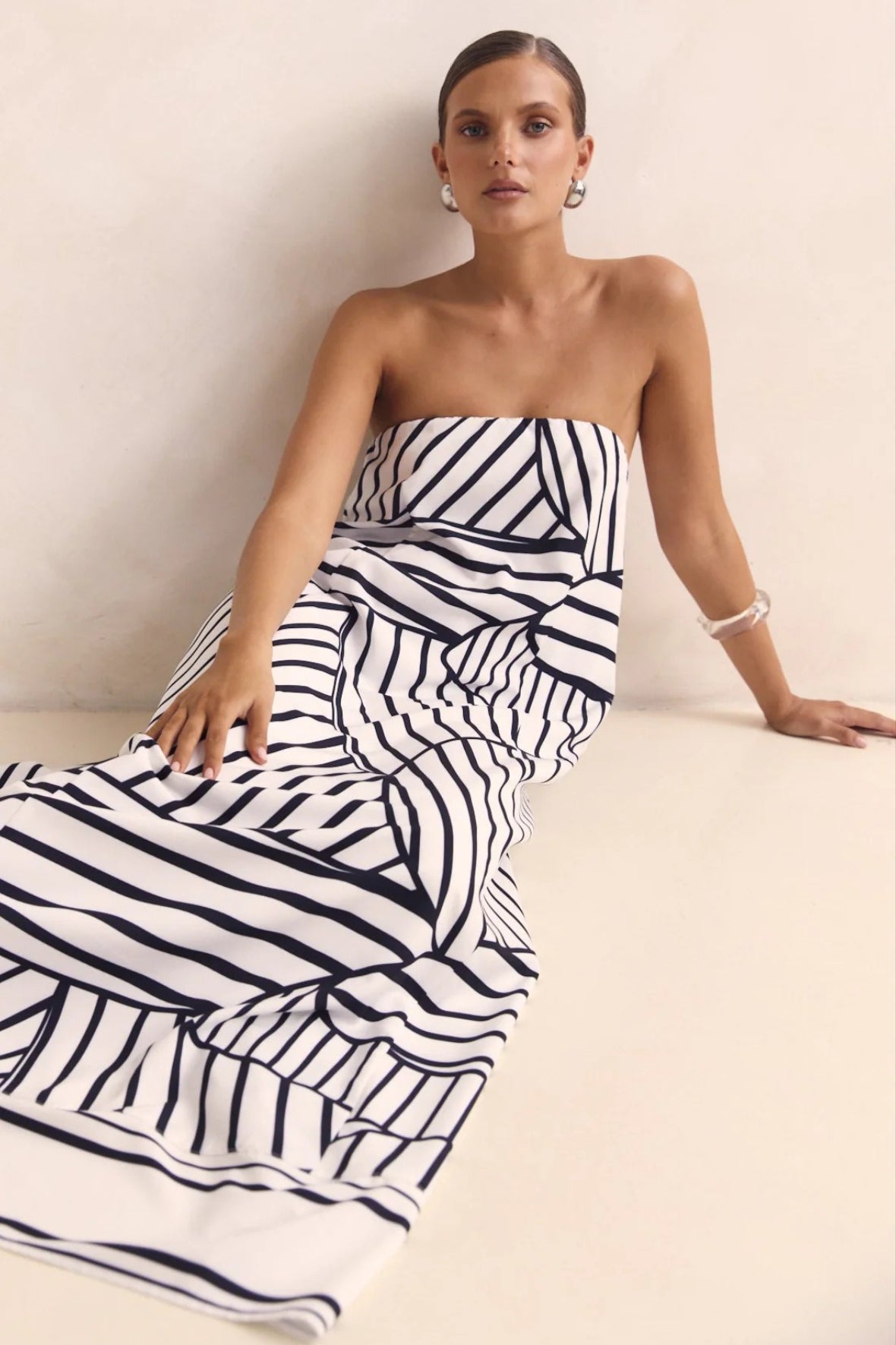 Strapless Contrast Band Hem A-Line Maxi Dress