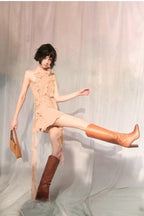 Asymmetric Rose Halter  Mini Dress