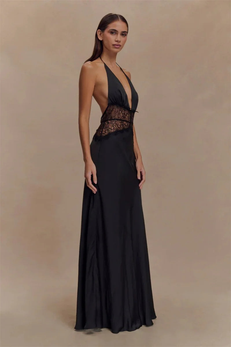 Lace Patchwork Backless Halter Dress