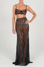 Stylish Lace Camisole Bra Top and Vacation See-through Maxi Fishtail Skirt Set