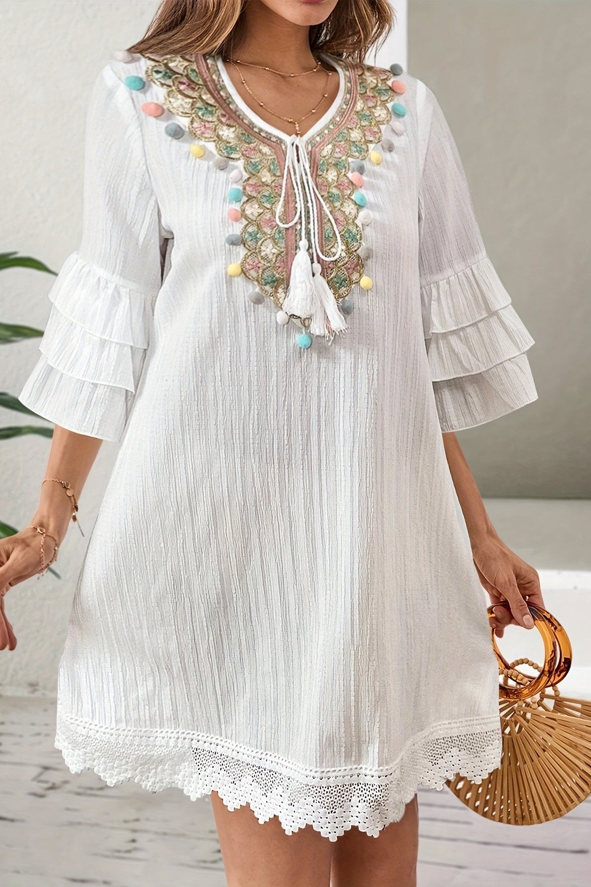 White Deep V Neck Embroidered Bib Pom Trim Bell Sleeve Lace Hem Mini Dress