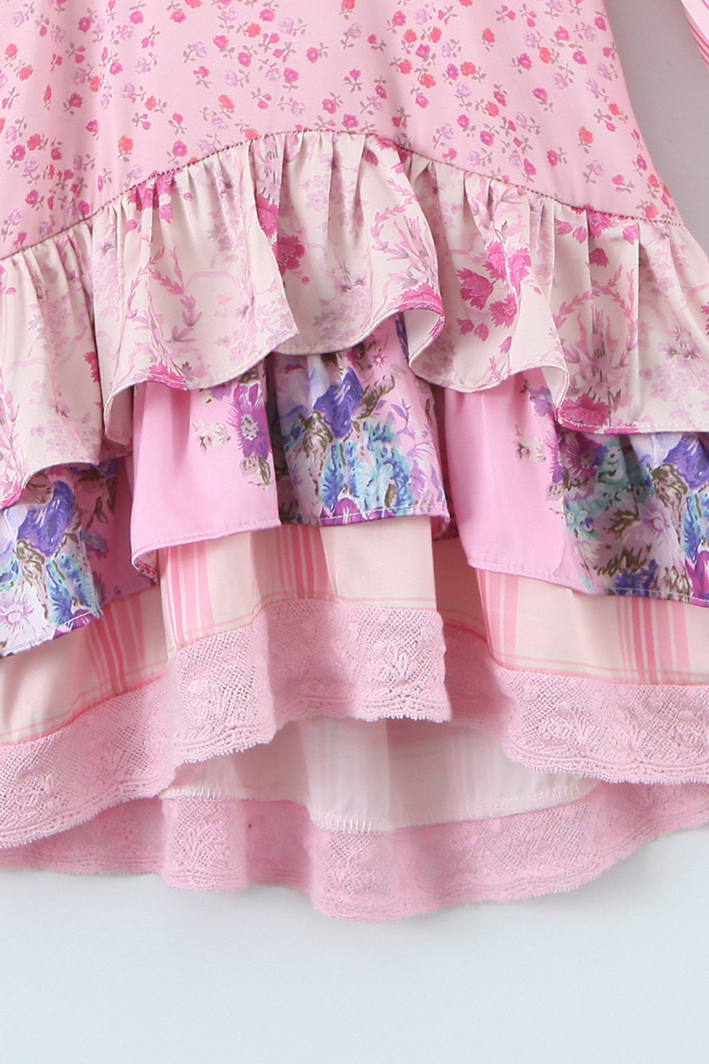 Patchwork Floral Long Sleeve Lace Trim Tiered Ruffle Mini Dress
