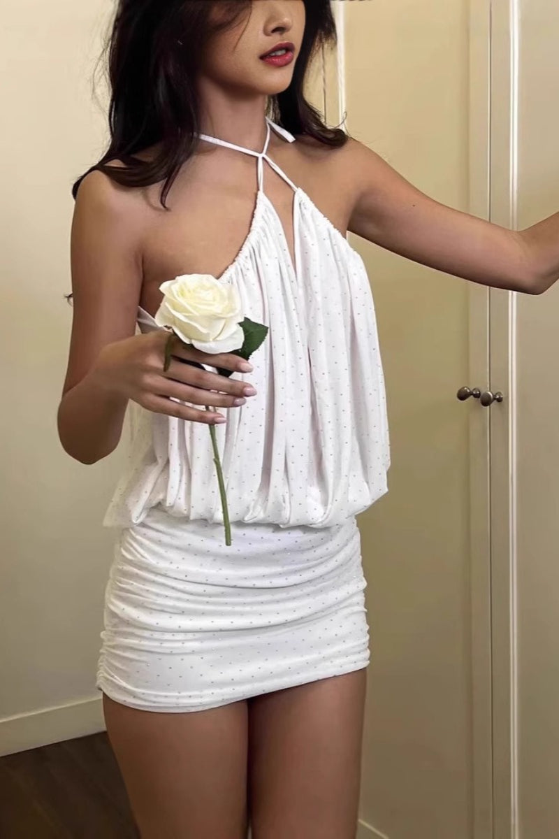Halter Neck Plunging V-Neck Rhinestone Embellished Ruched Bodycon Mini Dress