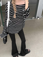 Stripe Backless Lace Up Smock Oversized Long Sleeve Tee