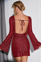 Sequin Long Sleeve Boat Neck Flared Cuff Bodycon Mini Cocktail Dress