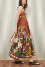Brown Floral Linen Midi Dress