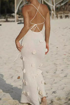 Floral Knit Backless Lace-Up Fitted Maxi Dress