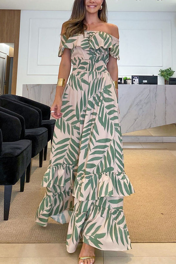 Tropical Leaf Print Off Shoulder Smocked Waist Tiered Maxi Dress